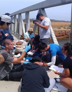 Students testing estuary water quality