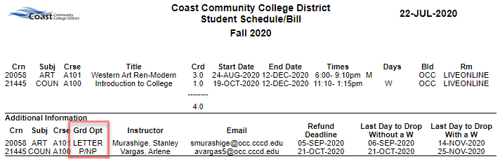 Schedule/Bill screen listing the Grade Option