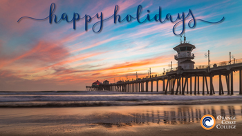 Happy Holiday with background of the beach and pier at sunset